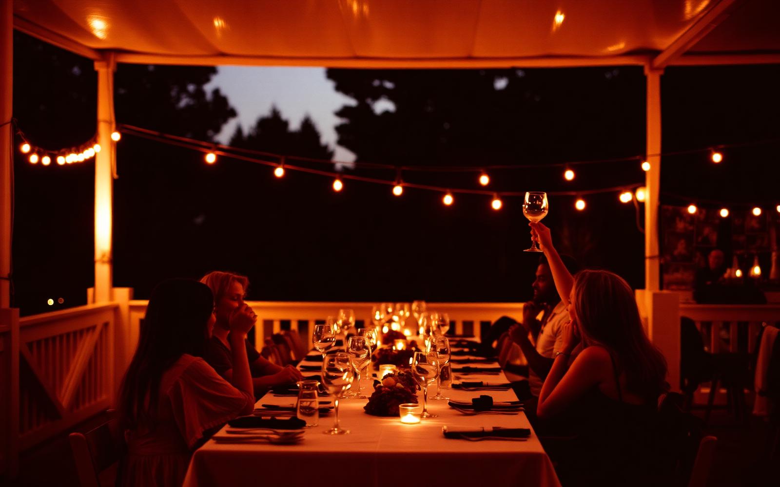 An outdoor table at dusk beneath string lights