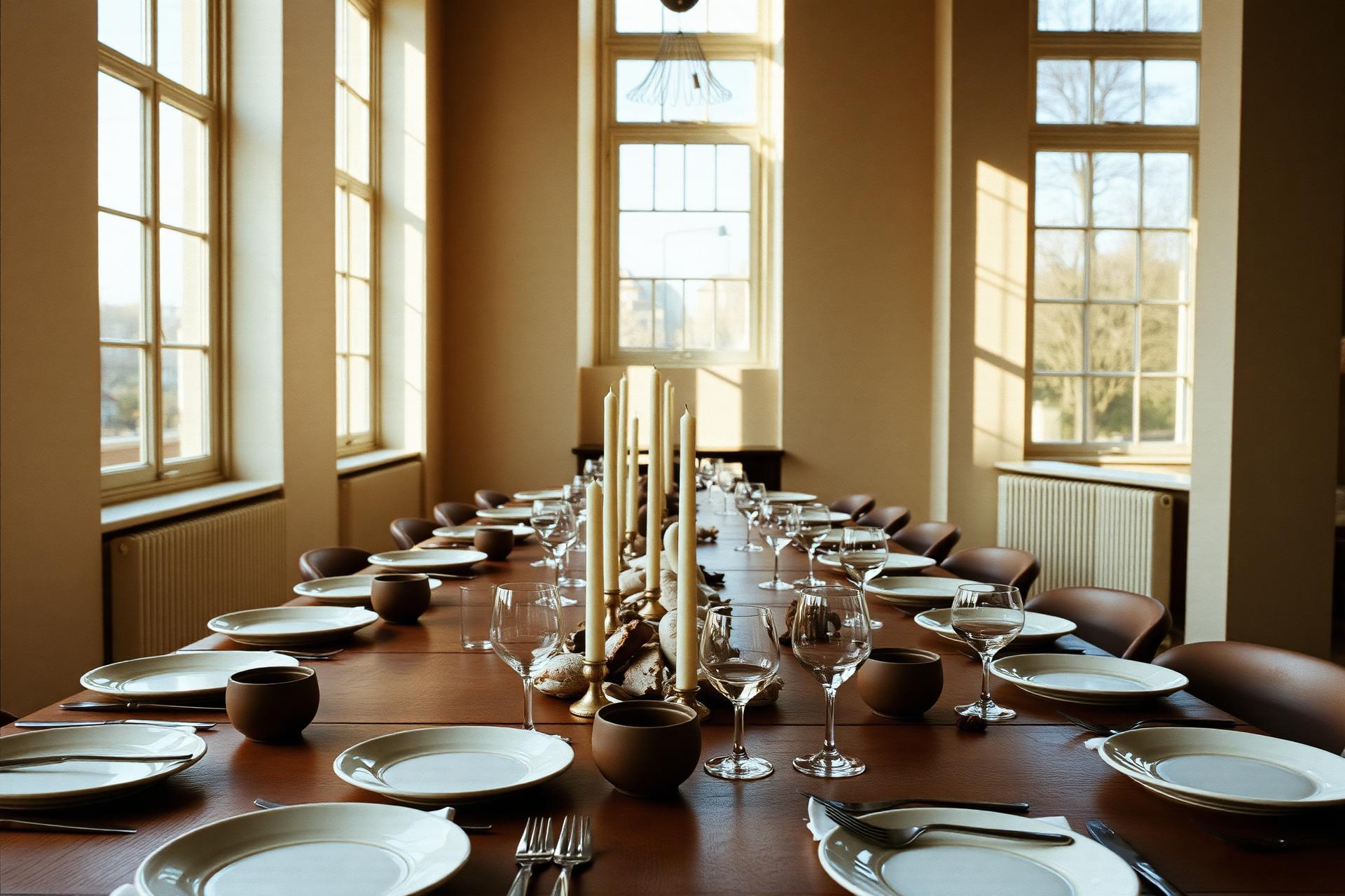 A long communal table set for dinner in warm afternoon light