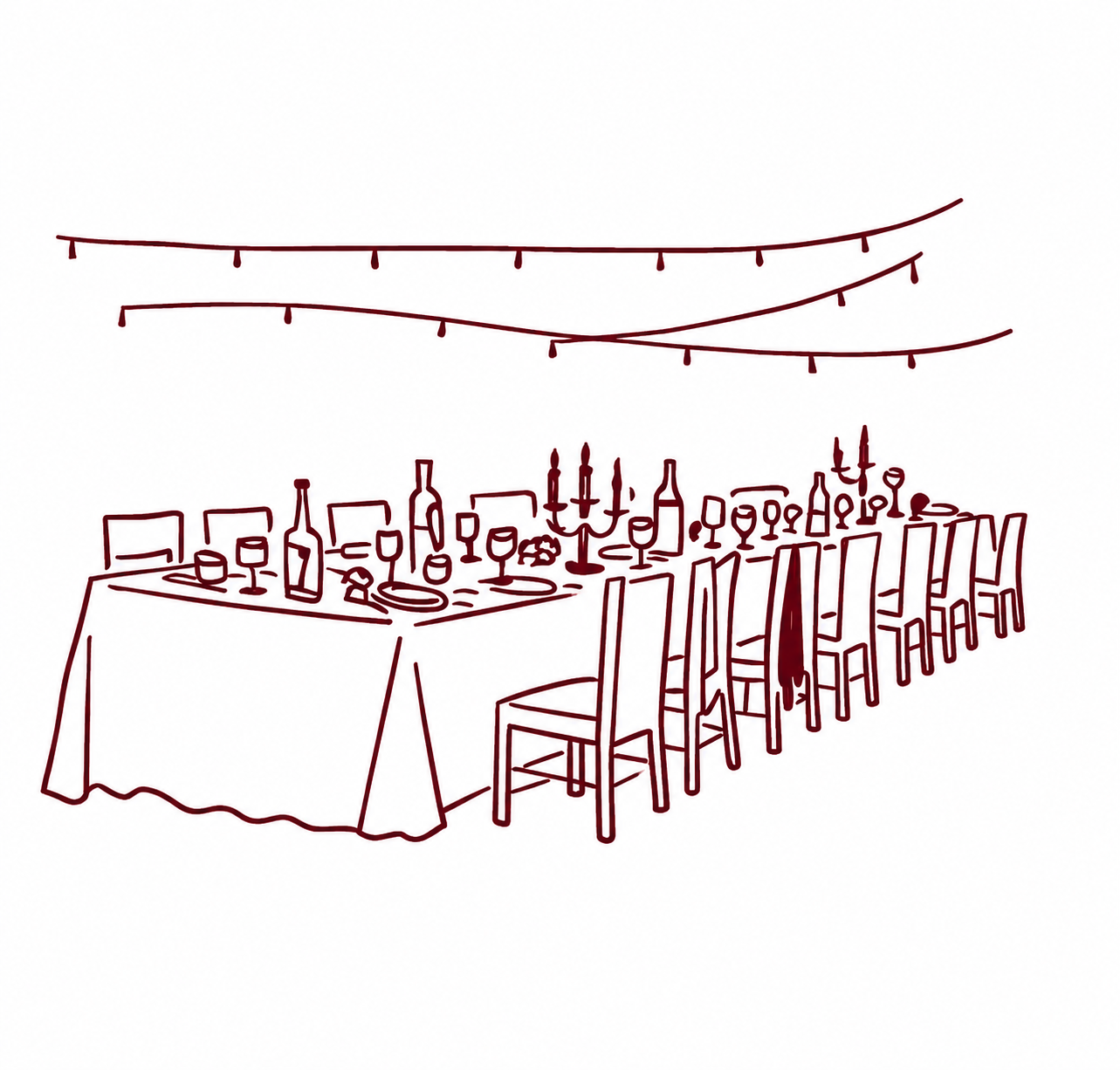 Hand-drawn illustration of a long dining table set with glasses, bottles and candelabras beneath string lights