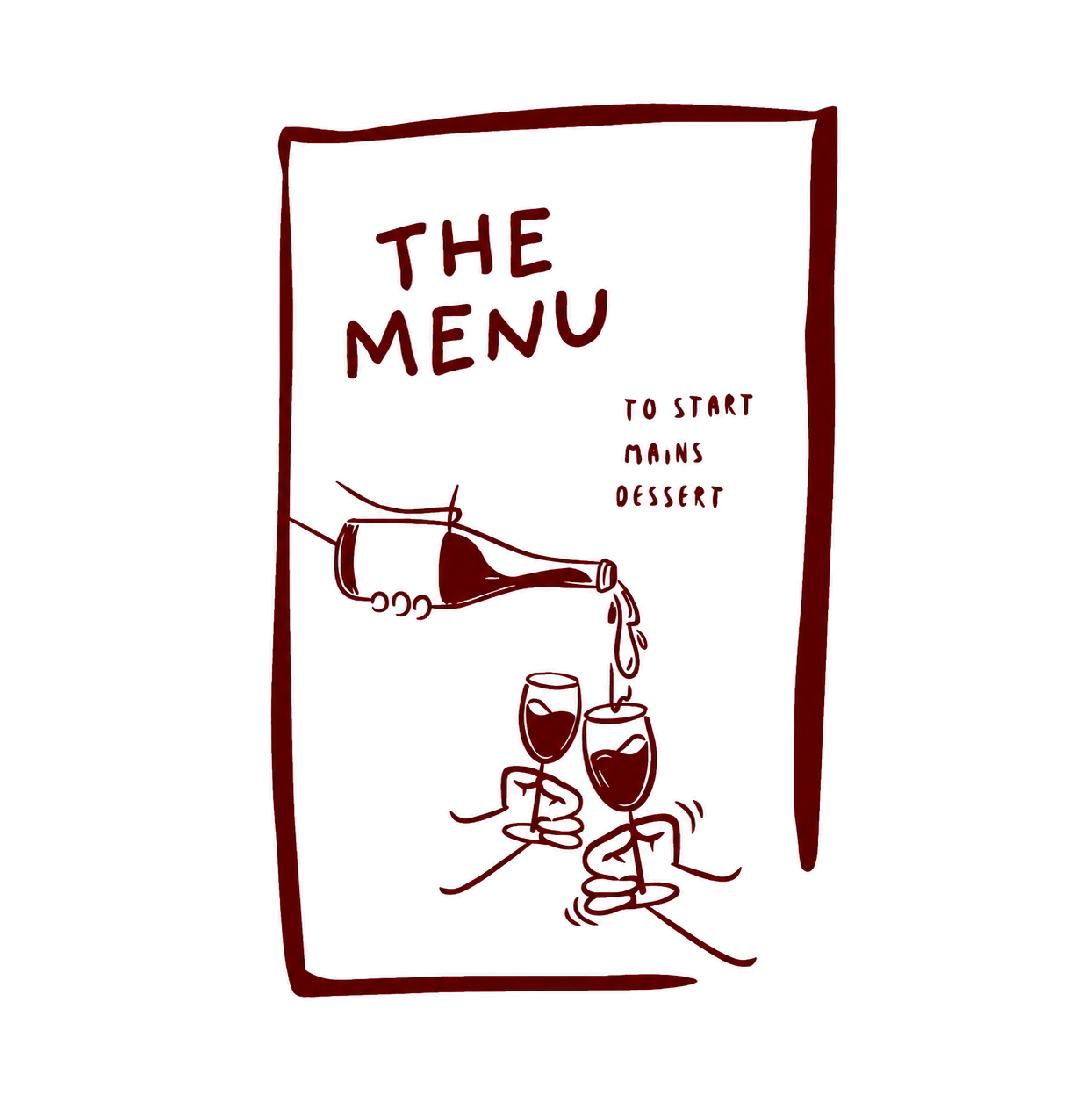 Hand-drawn menu illustration with wine bottle and two clinking glasses